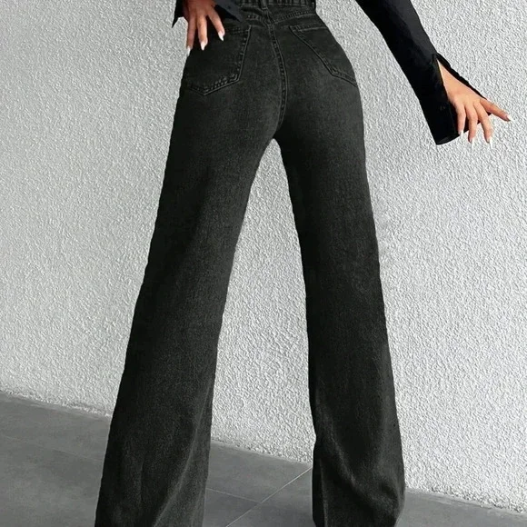 Black Casual Women's High Waist Wide Leg Jeans - Picture 3 of 4